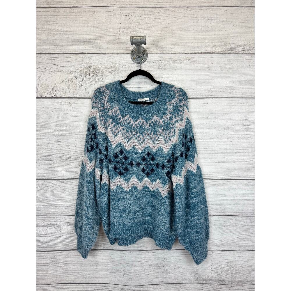 Cato Women's Blue Knit Fuzzy Chevron Snowflake Crew Neck Sweater Size XL